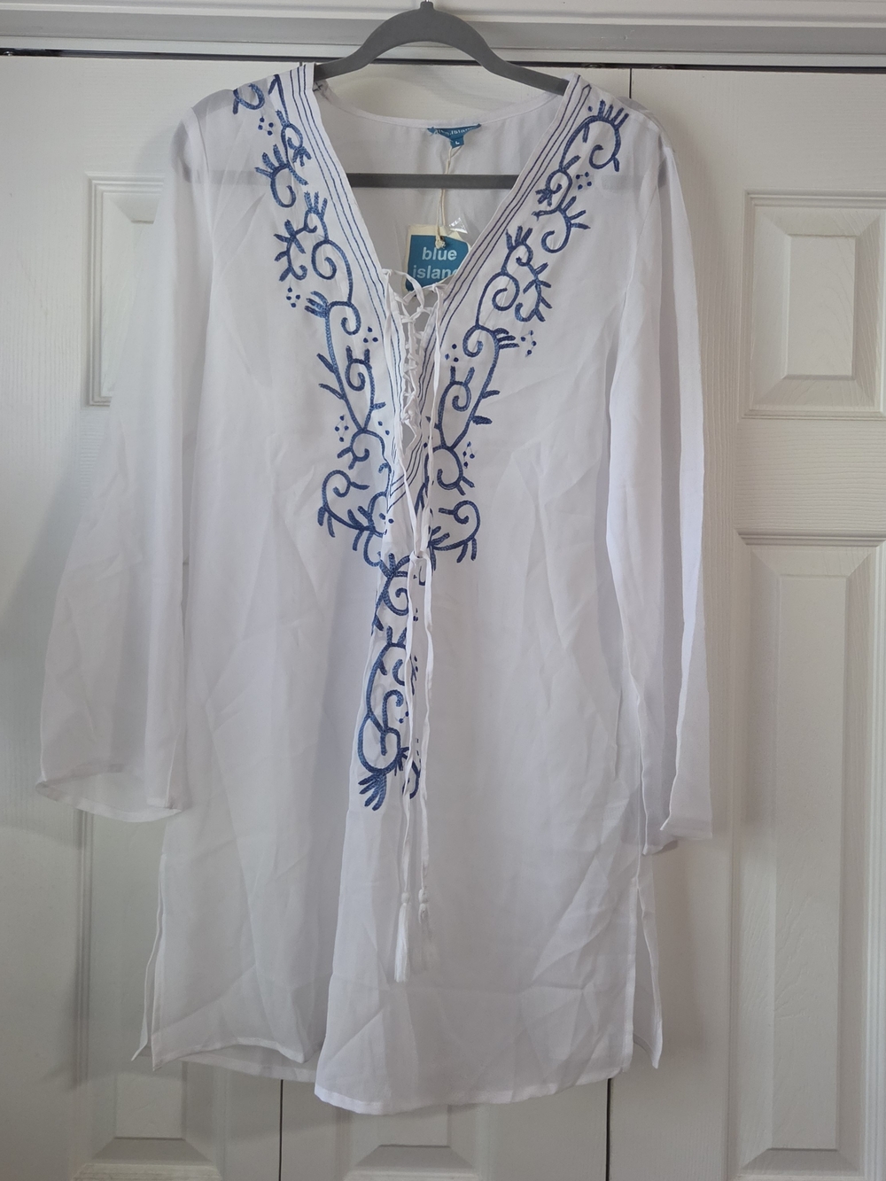 Blue Island White Tunic Cover-Up with Blue Embroidery